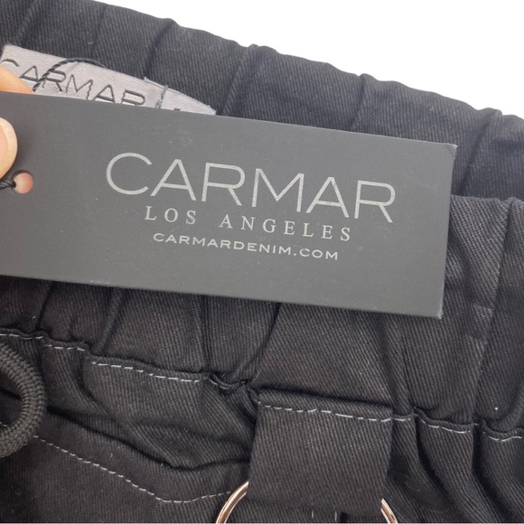 Carmar Denim Skirt US 8 Black Mini Pockets Silver Rings Elastic Drawstring Waist - Picture 7 of 10